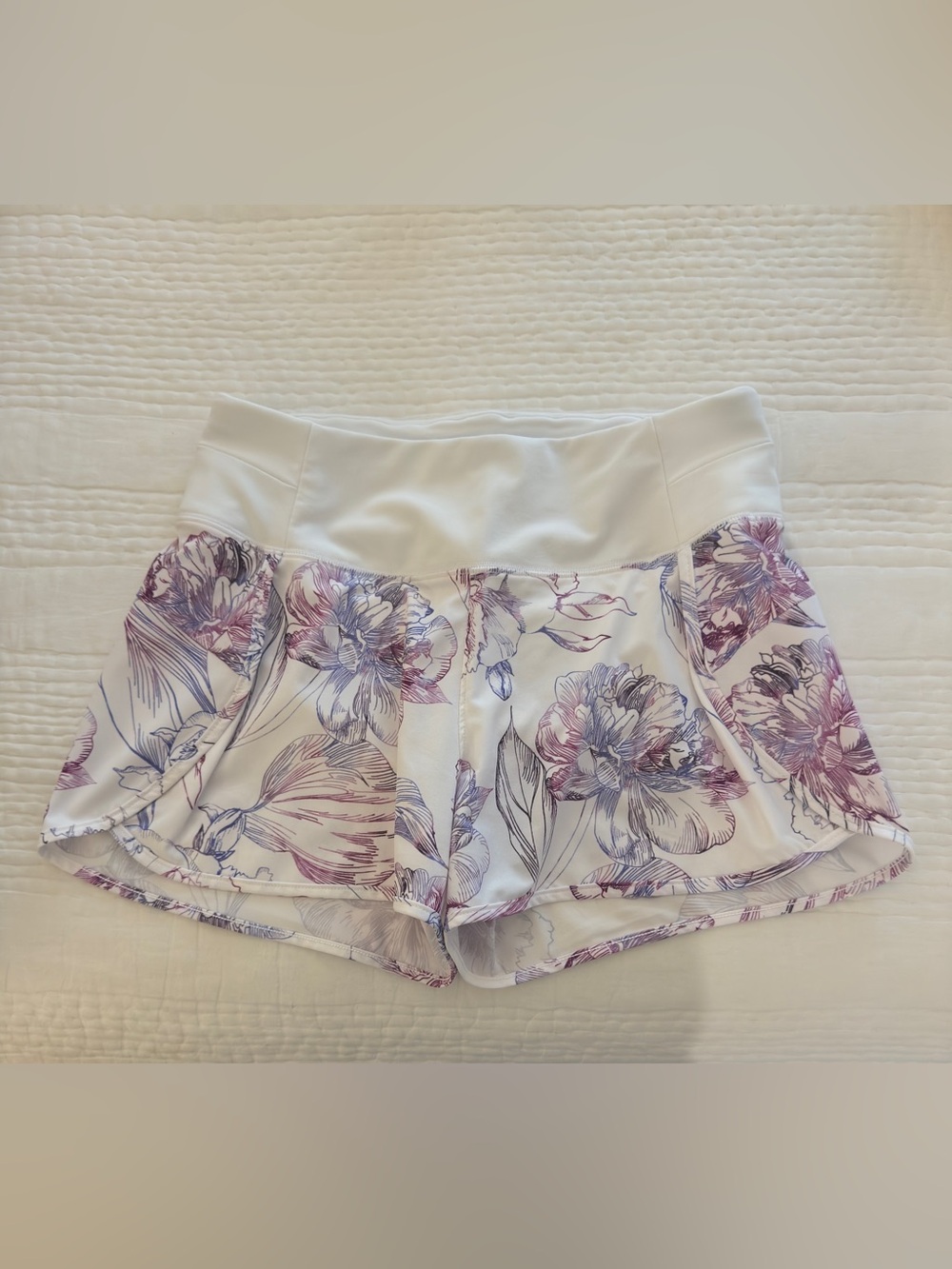 CALIA White Floral Athletic Shorts with Purple Print